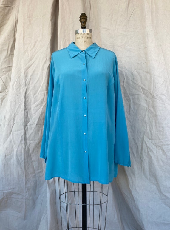 Turquoise Silk Blouse with pearl buttons | Plus s… - image 2