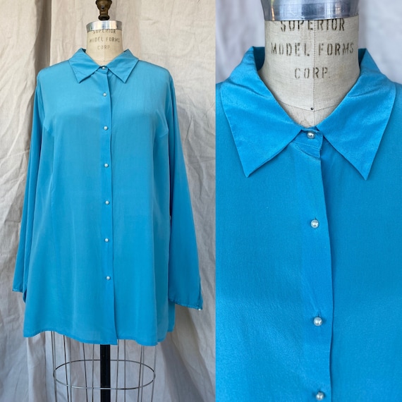 Turquoise Silk Blouse with pearl buttons | Plus s… - image 1