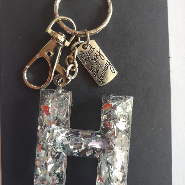 Resinistic Letter H with Silver Glitter on top, Metal  Charm and Lobster Clasp Keychain Ring