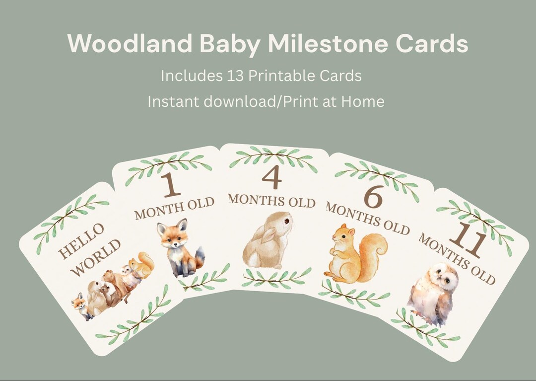 Woodland Baby Milestone Cards Printable | Hello World & 1-12 Months ...