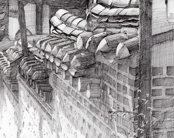 Seoul Hanok Village Sketch | Traditional Korean Architecture Drawing (Digital Download)