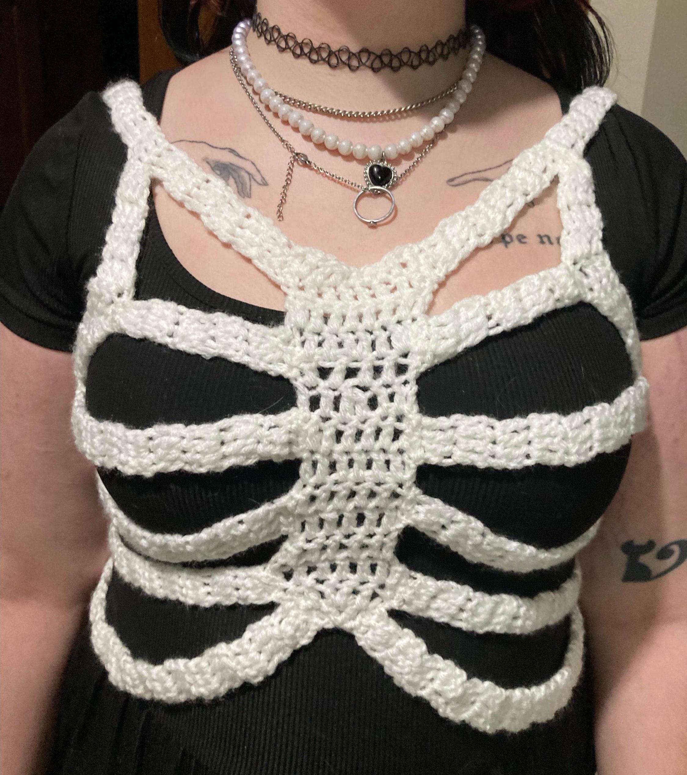 28 Crochet Corset Tops with Granny Squares, Bralettes, and Modesty Panels 10 crochet Pattern viral tiktok Skeleton Ribcage Halloween