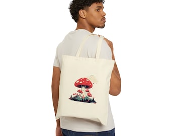 Borsa Tote in tela di cotone Fairy Tail Mushroom Forest, Borsa per libri, Borsa della spesa, Borsa in tela, Borsa per piante, Borsa per funghi Cottagecore, Regalo per lei