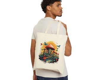 Fairy Tail Mushroom Forest Cotton Canvas Tote Bag, Butterfly Tote Bag, Cottagecore Mushroom Bag, Plant Tote, Cute Tote Bag,