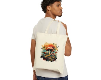 Borsa tote in tela di cotone Fairy Tail Mushroom Forest, borsa della spesa per le donne, regali per lei, borsa a tracolla floreale, Cottagecore