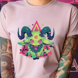 Goth Girl Chibi Goat Devil Women's Baphomet T-Shirt, Whimsigoth Witchy Aesthetic, Halloween Crewneck Top Devilish Cutie Anime Girl Top