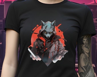 Cyberpunk Ninja House Cat Urban Warrior Synthwave Aesthetic T-Shirt, Vaporwave Cat Gritty Urban Ninja Adventure Tee, Hip Hop Streetwear