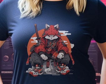 Cyberpunk Samurai House Cat Urban Warrior Synthwave Aesthetic T-Shirt, Vaporwave Kitty Gritty Urban Ninja Adventure Tee, Hip Hop Streetwear