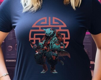Cyberpunk Samurai Cat Urban Warrior Synthwave Aesthetic T-Shirt, Vaporwave Neku Cat Gritty Urban Ninja Adventure Tee, Hip Hop Streetwear