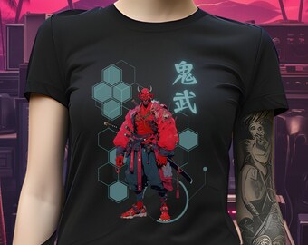 Cyberpunk Samurai Oni Demon Urban Warrior Synthwave Aesthetic T-Shirt, Vaporwave Ogre Gritty Urban Ninja Adventure Tee, Hip Hop Streetwear