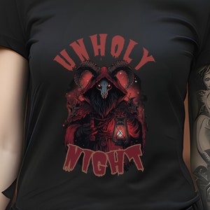 Koszulka świąteczna UNHOLY NIGHT Heavy Metal Krampus, koszulka gotycka X-Mas w stylu anime, prezent na święta przesilenia, estetyczna koszulka świąteczna Whimsigoth