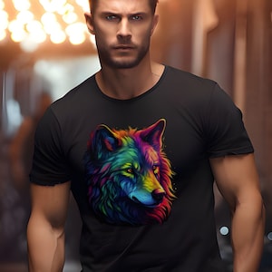 May include: A black t-shirt featuring a colourful wolf graphic. The wolf's fur is a rainbow of colours, including red, orange, yellow, green, blue, and purple.