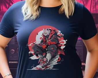 Cyberpunk Samurai House Cat Urban Warrior Synthwave Aesthetic T-Shirt, Vaporwave Kitty Gritty Urban Ninja Adventure Tee, Hip Hop Streetwear
