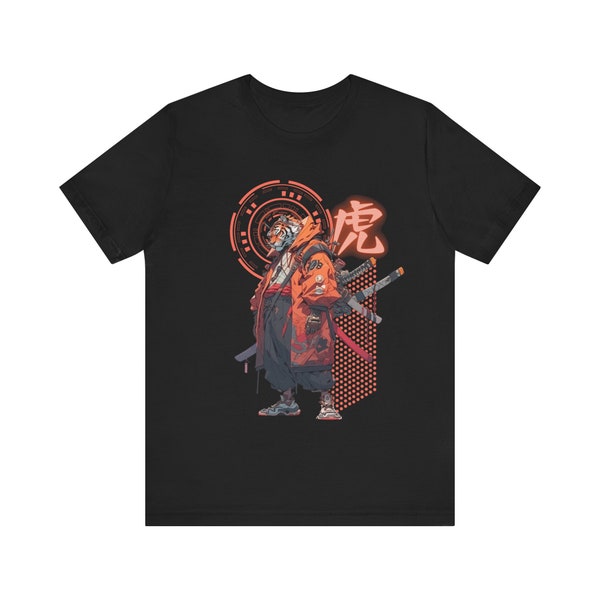 Cyberpunk Samurai Tiger Urban Warrior Zodiac Sign T-Shirt, Asian Astrological Sign Gritty Urban Ninja Adventure Tee Hip Hop Streetwear