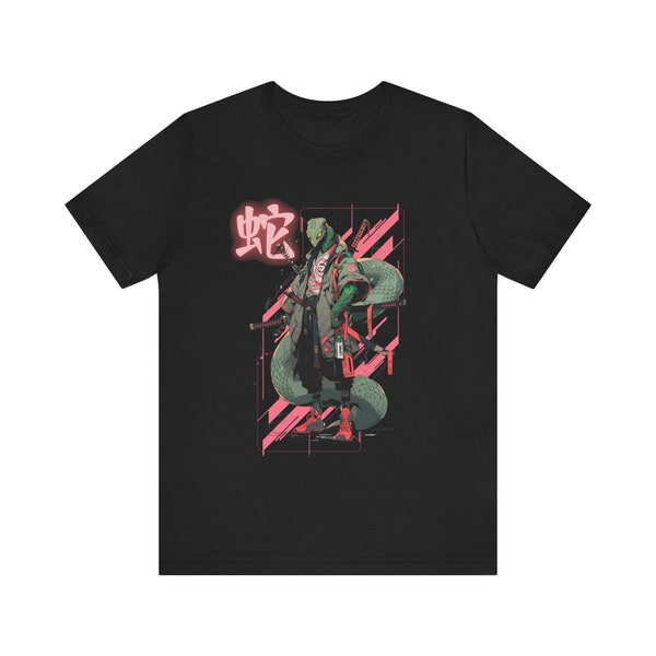 Cyberpunk Samurai Snake Urban Warrior Zodiac Sign T-Shirt, Asian Astrological Snake Sign Gritty Urban Ninja Adventure Tee Hip Hop Streetwear