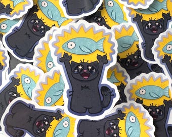 Kat met vis | Glanzende waterdichte sticker