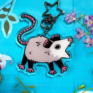 May include: A clear acrylic keychain depicting a cartoon opossum with a pink body, black legs, and a pink tail. The keychain has a silver star-shaped clasp and a silver ring. The background is light blue with floral and botanical stickers.