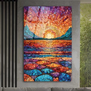 Gentle Ocean Waves Sunrise Mosaic Art Tile Stained Glass Look Glossy Bookshelf Book Nook Wall Decor Gift for Her Christmas