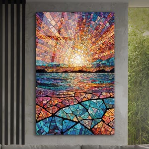 Gentle Ocean Waves Sunrise Mosaic Art Tile Stained Glass Look Glossy Bookshelf Book Nook Wall Decor Gift for Her Christmas