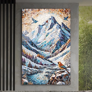 Winter Mountain Stained Glass Art, Landscape Stained Glass Art, Stained Window Decoration, Wall Hanging, Large Wall Art, Ready To Hang,