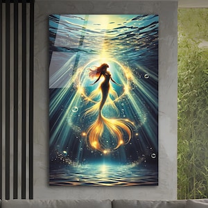 Tempered Glass Wall Art,Mermaid Wall Art, Glass Printing, Mermaid Wall Hangings, Mermaid Framed Art, Mermaid in Water, Glass Large Wall Art