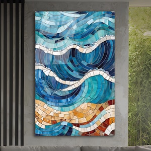 Tempered Glass Wall Art, Stained Sea Wave Wall Decor, Blue Ocean Waves Wall Art, Abstract Stained Sea Wall Decor Glass, Glass Printing,