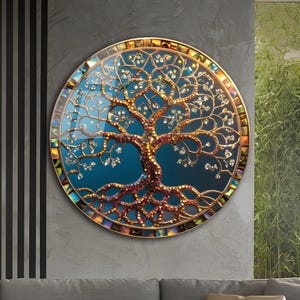 Tree of Life Stained Glass Window Wall Hangings Art Deco Panel Gift, Stained Glass Pattern Painting Round Home&Office Glass Wall Art Decor
