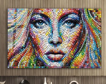 Glasmozaïek gezicht kunst aan de muur, gehard glaskunst, glazen wand decor, duurzaam glazen paneel, glas afdrukken decor, grote muur kunst stiefmoeder cadeau