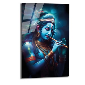 Arte de parede em vidro temperado, arte de parede do deus hindu Krishna, decoração de parede grande, arte de parede abstrata, presentes de inauguração de casa, decoração de casa, arte em vidro Krishna