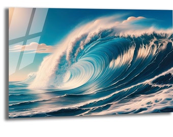 Glass Wall Art Ocean Tempered Glass Art Sea Wave Wall Hanging Blue Water Decor Large Wall Art