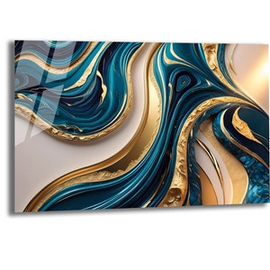 Extra Large Wall Art-Tempered Glass Print Wall Decoration For Living Room-Abstract Wall Art-Liquid Marble Blue and Gold Wall Art