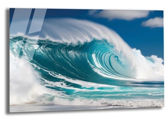 Glass Wall Art Ocean Tempered Glass Art Sea Wave Wall Hanging Blue Water Decor Large Wall Art
