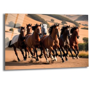 Tempered Glass Wall Art, Animals Wall Art, Home Decor, Glass Printing Art,Large Decor, Seven horses force running out Sculpture for wall