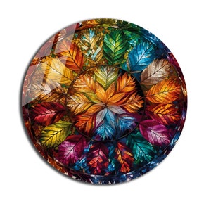 Colorful Leaves Glass Printing-Modern Glass Wall-Glass Art Gift-Colorful  Leaf-Wall Art-Wall Decoration-Glass Decor-Round Wall Art Gift