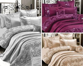 Luxury GIGI Embroidered Lace Duvet Cover with Pillowcase Diamante Quilt Silk Satin Bedspread Filled Cushion Bed Sets