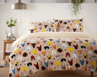 Teddy Fleece Dogs Duvet Cover with Pillowcase Quilt Winter Cosy Warm Soft Single Double King Paw Printed Christmas Bedding Sets