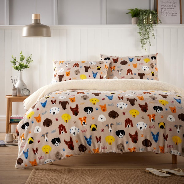 Teddy Fleece Dogs Duvet Cover with Pillowcase Quilt Winter Cosy Warm Soft Single Double King Paw Printed Christmas Bedding Sets