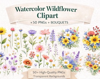 Watercolor Wildflower Clipart| Floral Clipart, Flower Bouquets, Botanical Illustrations, Wedding Clipart, Scrapbook Graphics