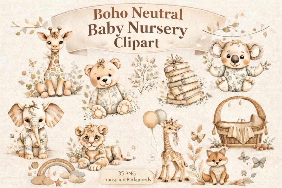 Watercolor Boho Baby Nursery Clipart Bundle | Neutral Beige Watercolor ...