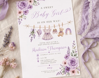 Invitación para baby shower con diseño de tendedero morado para niña, invitación para baby shower estilo boho lavanda, plantilla floral para baby shower de niña, descarga digital.
