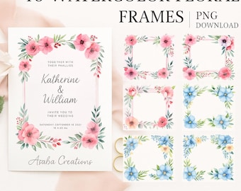 Aquarell Blumenrahmen, Hochzeit Blumenrahmen, rosa und blaue Blumenbordüre, digitaler Download