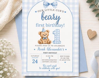 Beary First Birthday Invitation Template, 1St Birthday Baby Boy,Teddy Bear themed Party Invite,Blue Gingham Bear Invitation,Instant Download