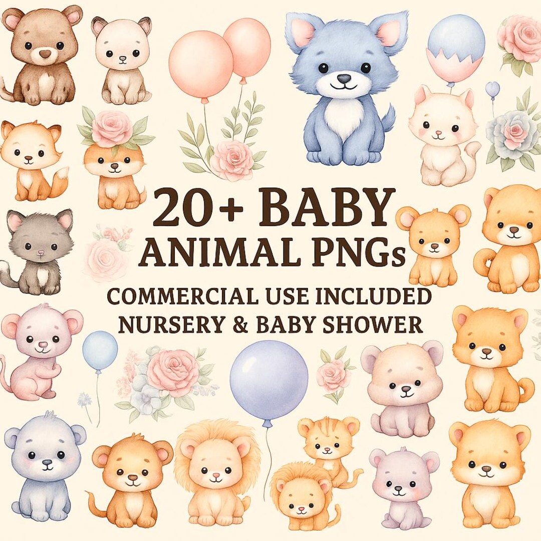 Baby Animal Clipart Bundle | Watercolor Nursery Wall Art PNG | Cute ...