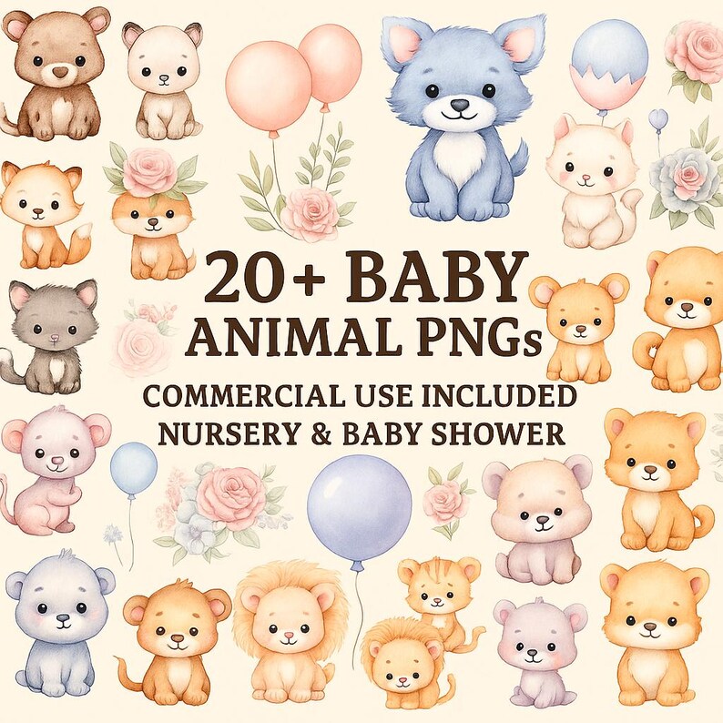 Baby Animal Clipart Bundle | Watercolor Nursery Wall Art PNG | Cute ...