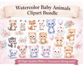 Watercolor baby animals clipart, Pastel clipart, Animal Clipart, Baby Shower, Invitations clipart, Birthday Party, PNG download