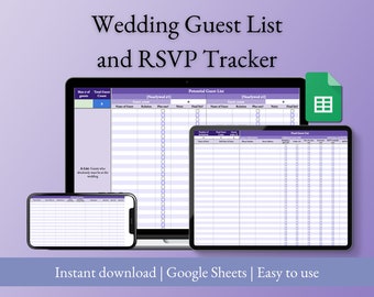 Wedding Guest List and RSVP Tracker for Google Sheets, Easy-To-Use Wedding Guest List Spreadsheet (Purple)