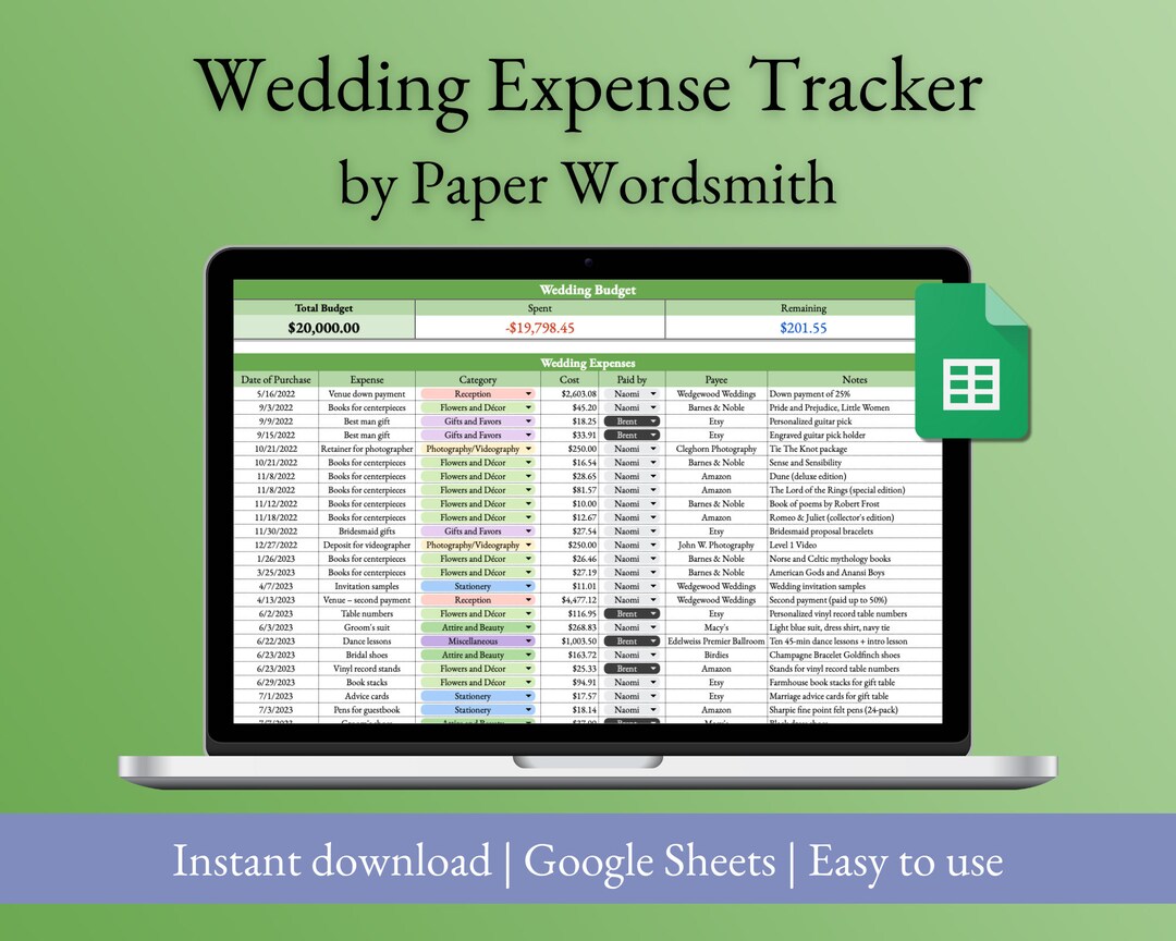 Wedding Expense Tracker for Google Sheets, Easy-to-use Wedding Budget ...