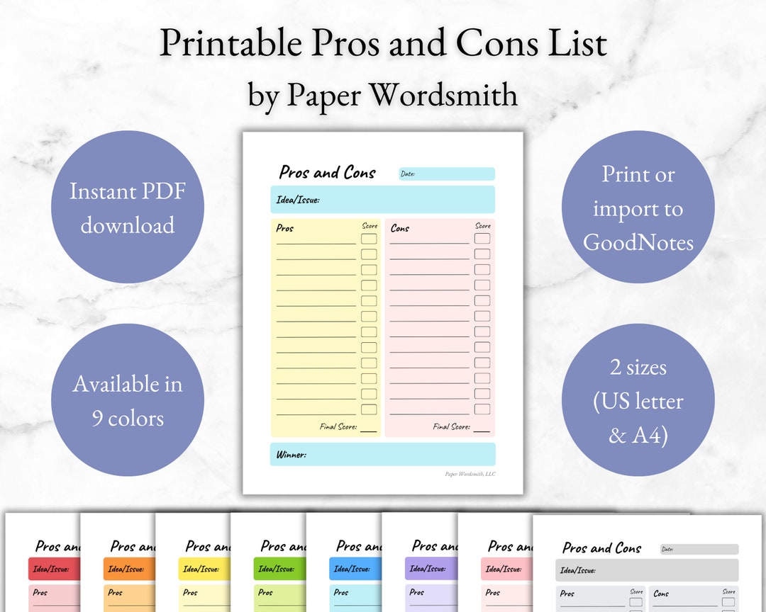 Printable Pros and Cons List Template Instant Download Productivity Planner Page and Goodnotes ...