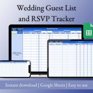 Wedding Guest List and RSVP Tracker for Google Sheets, Easy-To-Use Wedding Guest List Spreadsheet (Blue)