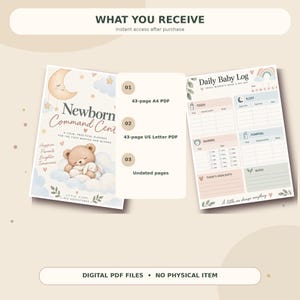 Puede incluir: Un conjunto de planificador digital para bebés con una portada que muestra un oso y una luna durmientes titulada Newborn Command Center, y una página Daily Baby Log. Incluye PDF de 43 páginas A4 y US Letter sin fecha. Texto Digital PDF Files.
